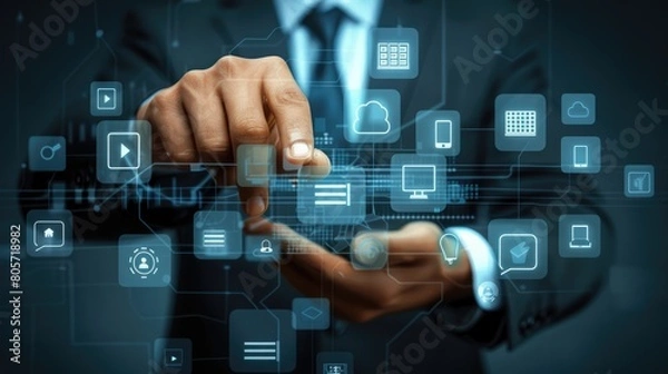Fototapeta Businessman presses virtual media buttons on screen. Ai Generated