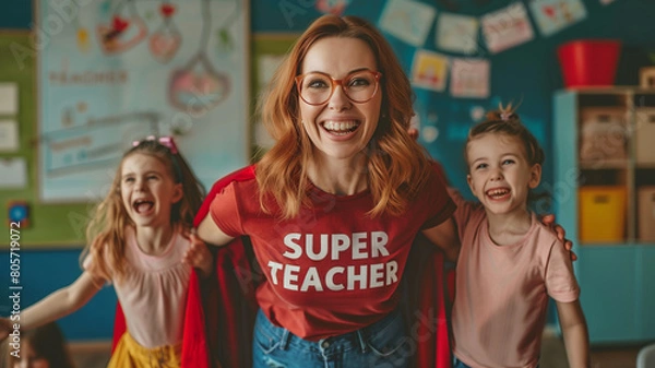 Fototapeta Joyful Teacher in super teacher costume with Students in a Fun Classroom Setting