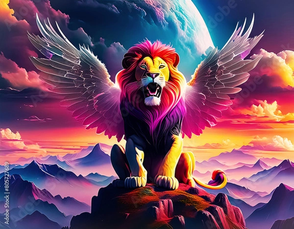 Fototapeta Animated Winged Lion on a Hill