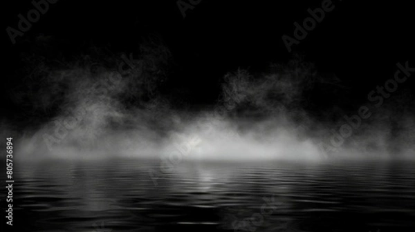 Obraz Smoke black ground fog cloud floor mist background steam dust dark white horror overlay. Ground smoke haze night black water atmosphere 3d magic spooky smog texture isolated transparent effect circle.