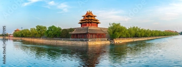 Obraz panoranic view of Forbidden City and moat, Beijing, China. Northwest corner tower of the Forbidden City and moat, Beijing, China