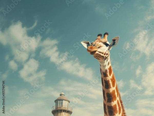 Obraz curious giraffe looking up at lighthouse