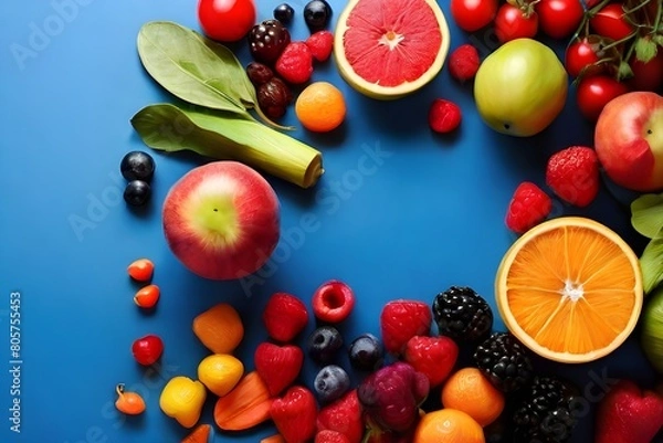 Fototapeta fruits and vegetables , assortment of fruits and vegetables on a blue background with copy space