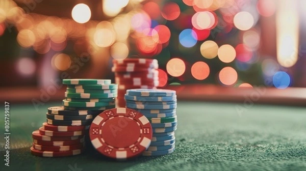 Fototapeta Colorful stacks of casino chips arranged on a vibrant green poker table