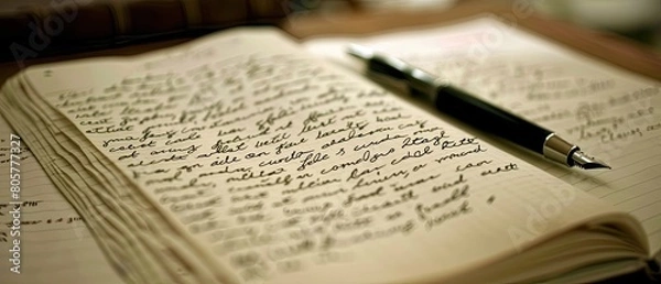 Obraz Close-up of a personal journal and a pen on a quiet desk, reflective and soothing writing