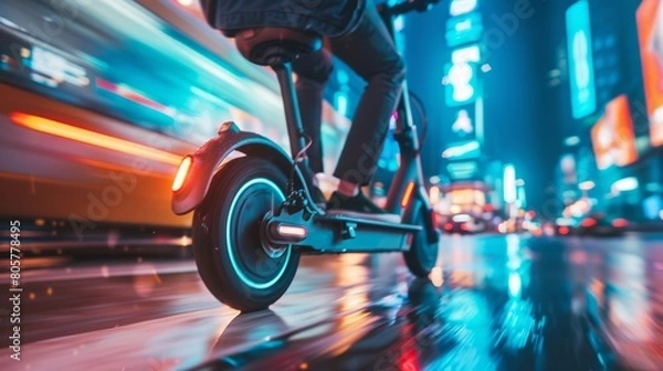 Fototapeta person driving an electric scooter in the city at night with blurred background - sustainable electric mobility concept hyper realistic 