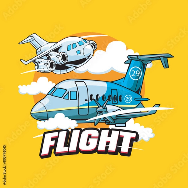 Fototapeta Vector Illustration of Airplane with FLIGHT words with Cute Cartoon Illustration Available for Plane Badge