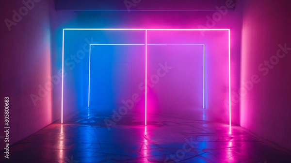 Fototapeta Neon light installation in an abstract indoor setting. Empty copy space.  Generative AI