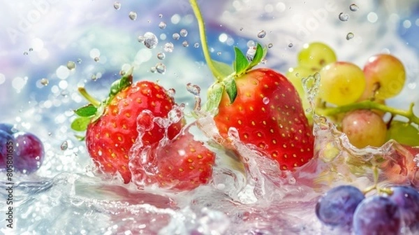 Fototapeta fruits background with strawberries and grapes and apple swimming in the water abstract fruits background ultra hd 
