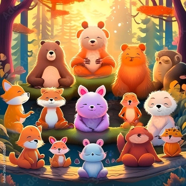 Fototapeta A heartwarming scene of various cute animals gathered together, meditating in harmony