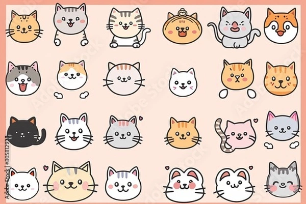 Fototapeta A grid of cute kawaii cat characters in the style of digital art illustration