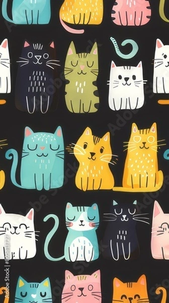 Fototapeta A seamless pattern of cute cartoon cats in different colors on a black background, in a simple doodle style with simple shapes.