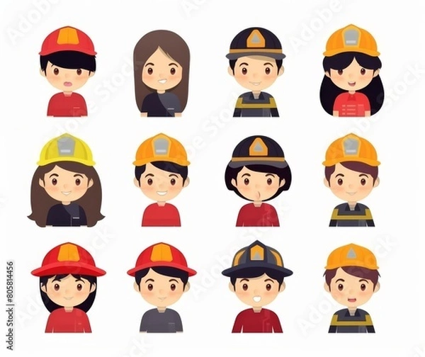Fototapeta Diverse Set of Cute Firefighter and Worker Avatars on White Background