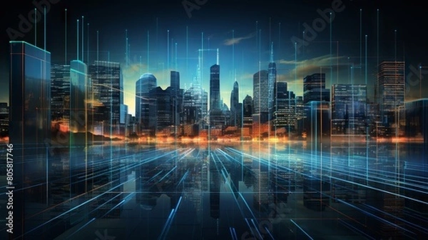 Fototapeta Dynamic cityscape: financial graphs overlay digital screen in business concept

