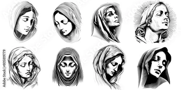Fototapeta Eight vector drawings of a woman with head covered with cloth