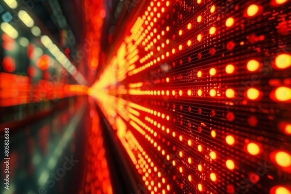 Fototapeta The financial market is experiencing a drastic downturn, with stock prices plunging dramatically in vivid red hues, captured urgently and clearly in a wide-angle shot.