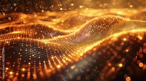 Fototapeta Streams of data flow gracefully in the realm of virtual reality, exuding an air of golden elegance.