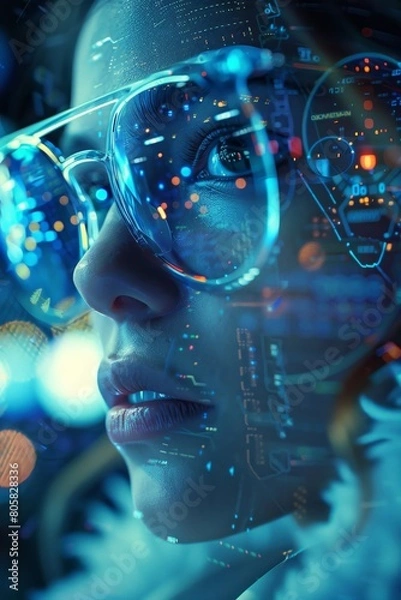 Fototapeta Illustration of a female with spectacles fully engrossed in the realm of cutting-edge coding and statistical investigation