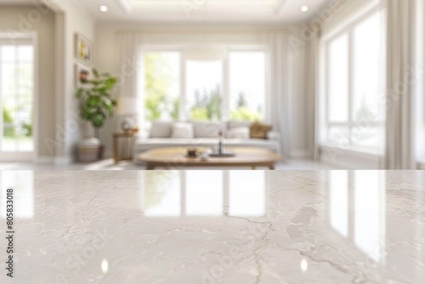 Fototapeta Direct view of an empty countertop, modern, white kitchen