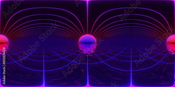 Fototapeta HDRI. Glowing neon lines. Full spherical panorama 360 degrees. Abstract vintage retro background, ultraviolet, spectrum vibrant colors, laser show. 3D render illustration.