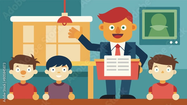 Fototapeta In a school assembly a puppet show is used as a tool to educate young minds with the puppeteer using news stories to subtly shape the students.