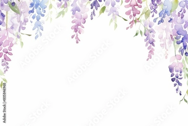 Fototapeta Header of hanging wisteria clusters for a spring wedding card, romantic watercolor cartoon, vibrant color