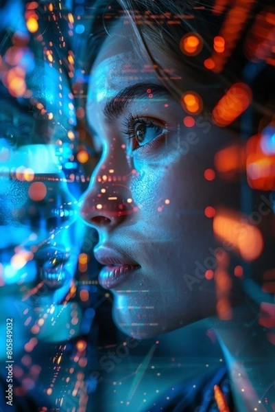 Fototapeta A beautiful woman's face, half of her face is covered with a digital pattern.