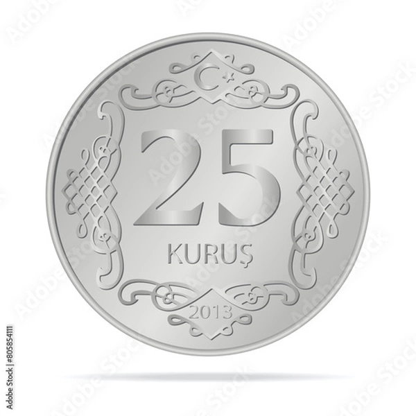 Fototapeta 25 Kurus of Turkey, a coin in vector style on a white background, 3d