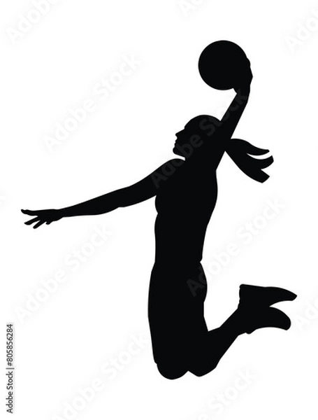 Obraz Black silhouette of a women's basketball girl player in profile who jumps high to dunk the ball into the hoop