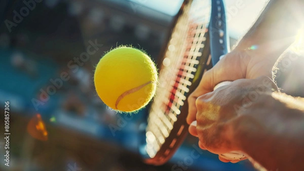 Fototapeta Close up of man playing tennis and beating the ball with a racket