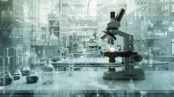 Fototapeta A laboratory setting through frosted glass, where test tubes and microscopes merge into indistinct shapes