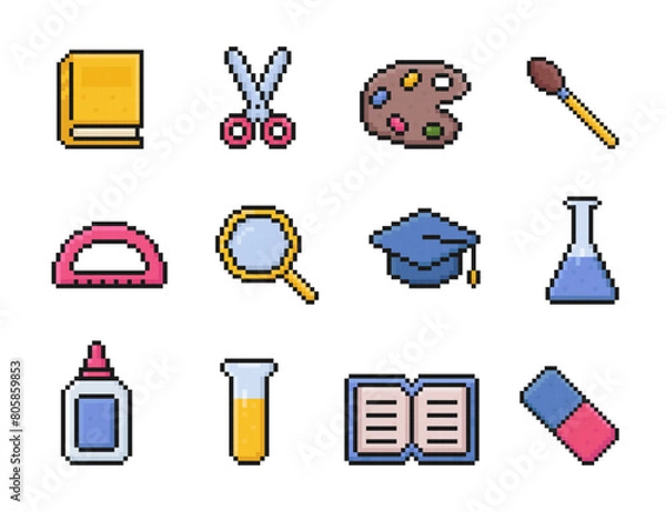 Obraz back to school supplies pixel art icon set, university, education items, 8 bit, 80s, 90s, book, scissors, brush, art palette, protractor, graduation hat, magnifying glass, flask, glue, eraser