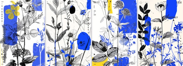 Obraz Black and white botanical illustrations with colorful accents, featuring various plants in an abstract composition. The background with blue and yellow shapes.