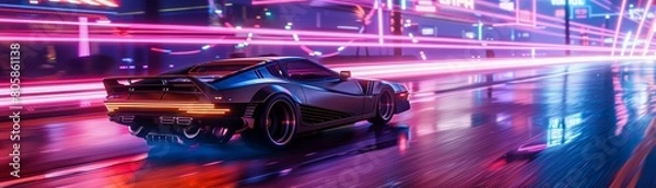 Fototapeta At the heart of a neonlit industrial district, a vintage car speeds along, its path illuminated by the retro wave of the 80s, colored neon lights retro scifi style