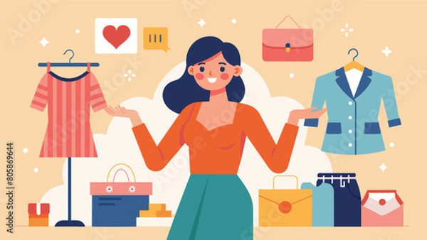 Fototapeta Join the thrifting trend with this fashion influencer as she reveals her top picks and styling secrets while on a tour of the best thrift stores in. Vector illustration