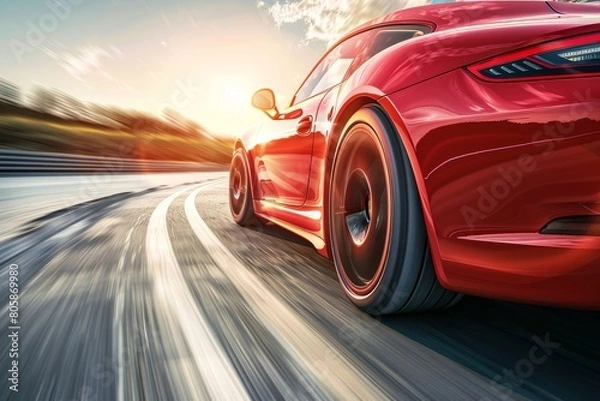 Fototapeta Red business car speeding on high-speed highway turn on sunny day with motion blur