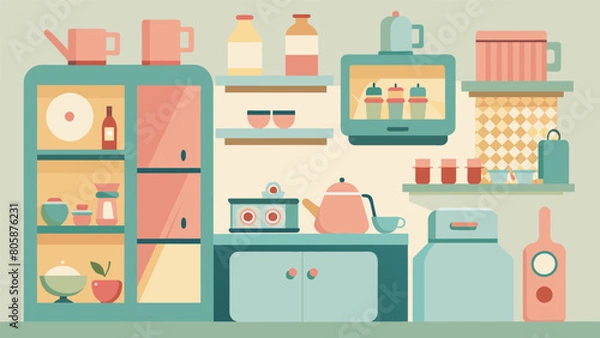 Fototapeta A retroinspired kitchen with pastelcolored appliances and jars of vintage glassware displayed on open shelves..