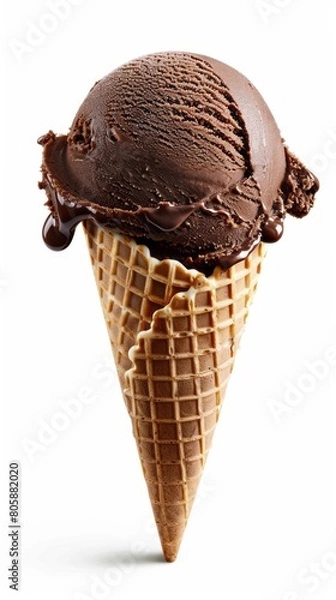 Fototapeta One scoop of chocolate ice cream on a waffle cone isolated on white background.