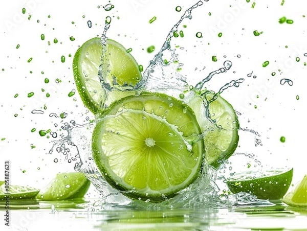 Obraz Fresh lime slice splashing into a gin tonic effervescent bubbles