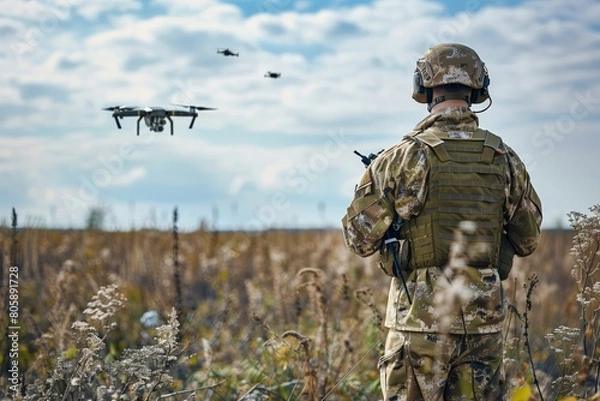 Obraz Military Soldier Operating Drones in Open Field