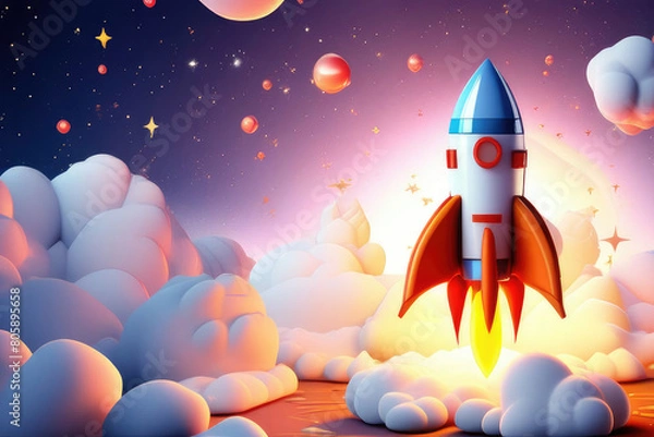 Fototapeta cartoon background Rocket in the sky 3d