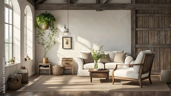 Fototapeta  Farmhouse  country home interior design of modern living room. 
