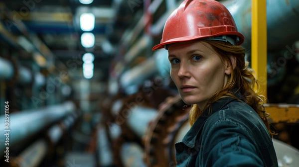 Obraz Focused female engineer wearing a red hard hat in a factory setting.