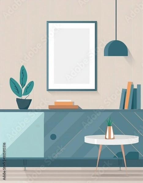 Fototapeta Frame mockup, home room interior, illustration style, 3d render