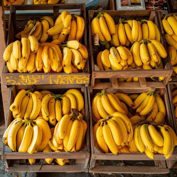 Fototapeta Ripe bananas in a box at the store, top view