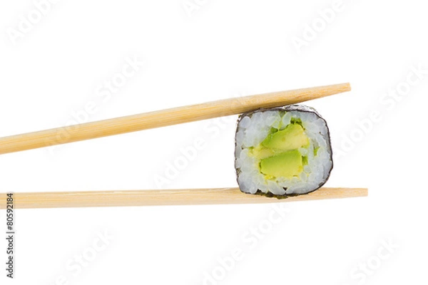 Fototapeta Sushi roll with chopsticks isolated on white