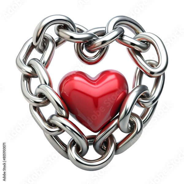 Fototapeta Red heart in chains closeup on a background of dirty old wall