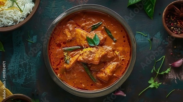 Obraz Realistic image of kerala style fish curry in a bowl with bakground