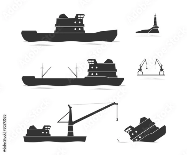 Obraz Silhouettes of cargo ships and floating crane