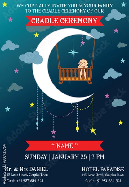 Fototapeta Cradle ceremony invitation and greeting card with half moon theme.